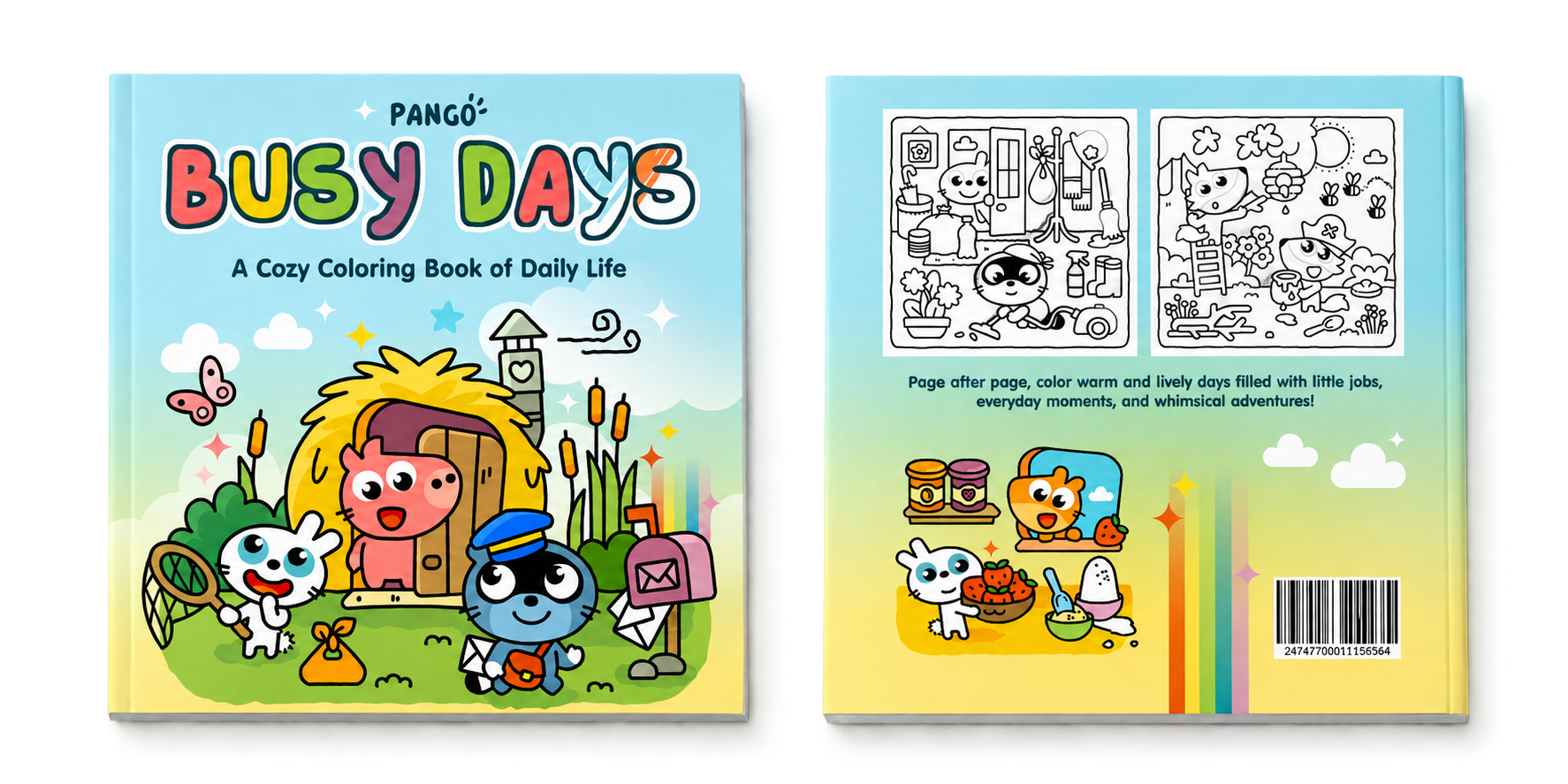 Pango Busy Days : couverture et dos du livre, côte à côte